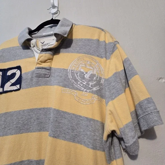 Vtg 90s Y2K American Eagle Polo Shirt Mens XL Yellow Stripes Patch Preppy Grunge - Picture 3 of 14